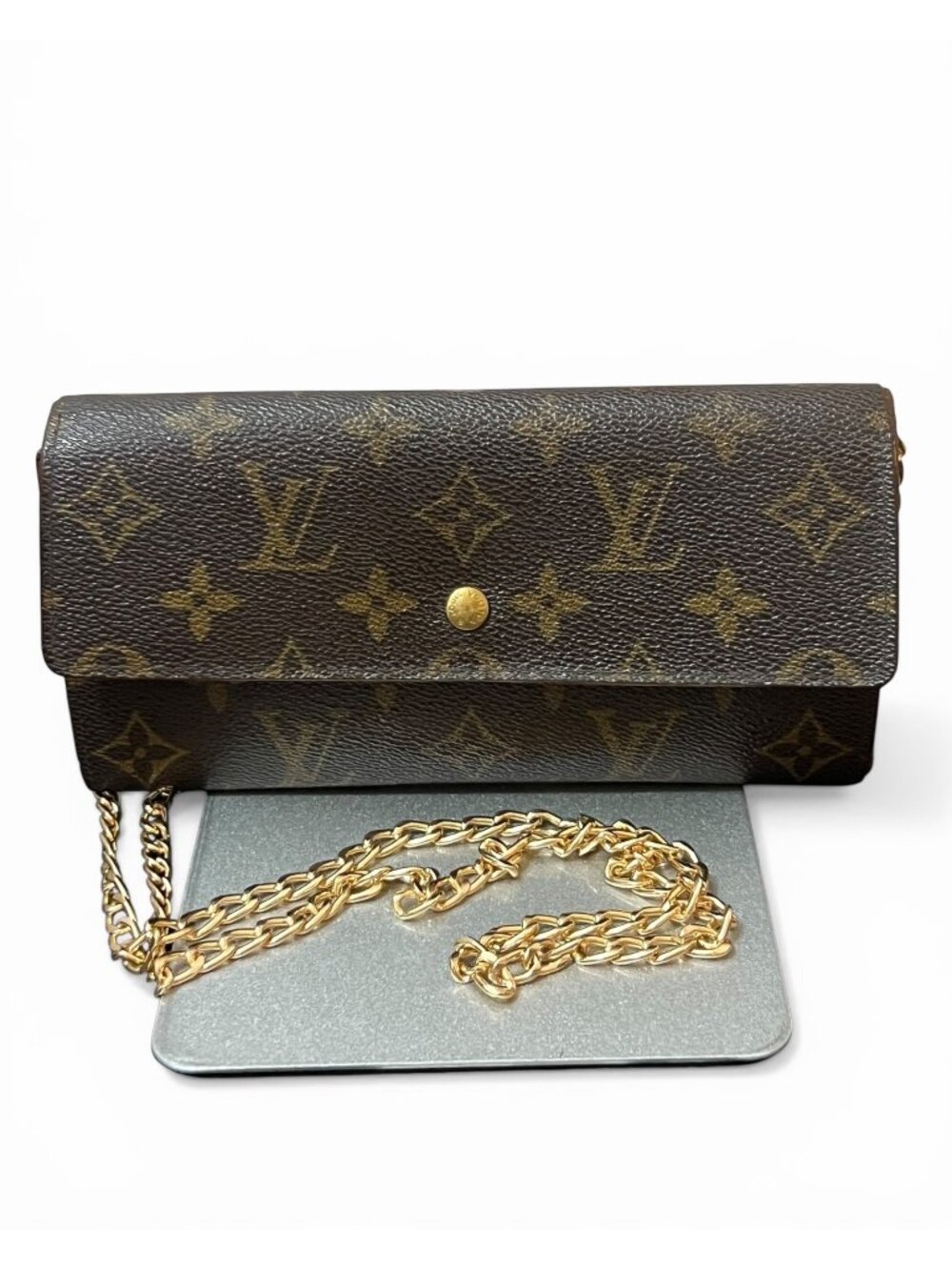 Vintage Louis Vuitton Monogram Sarah Bifold Crossbody Wallet Gold Chain Strap